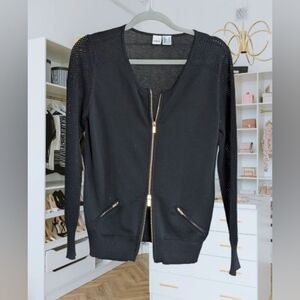 Heine 2-way Zip Cardigan in‎ Black with Mesh Detail Cotton-Silk Blend